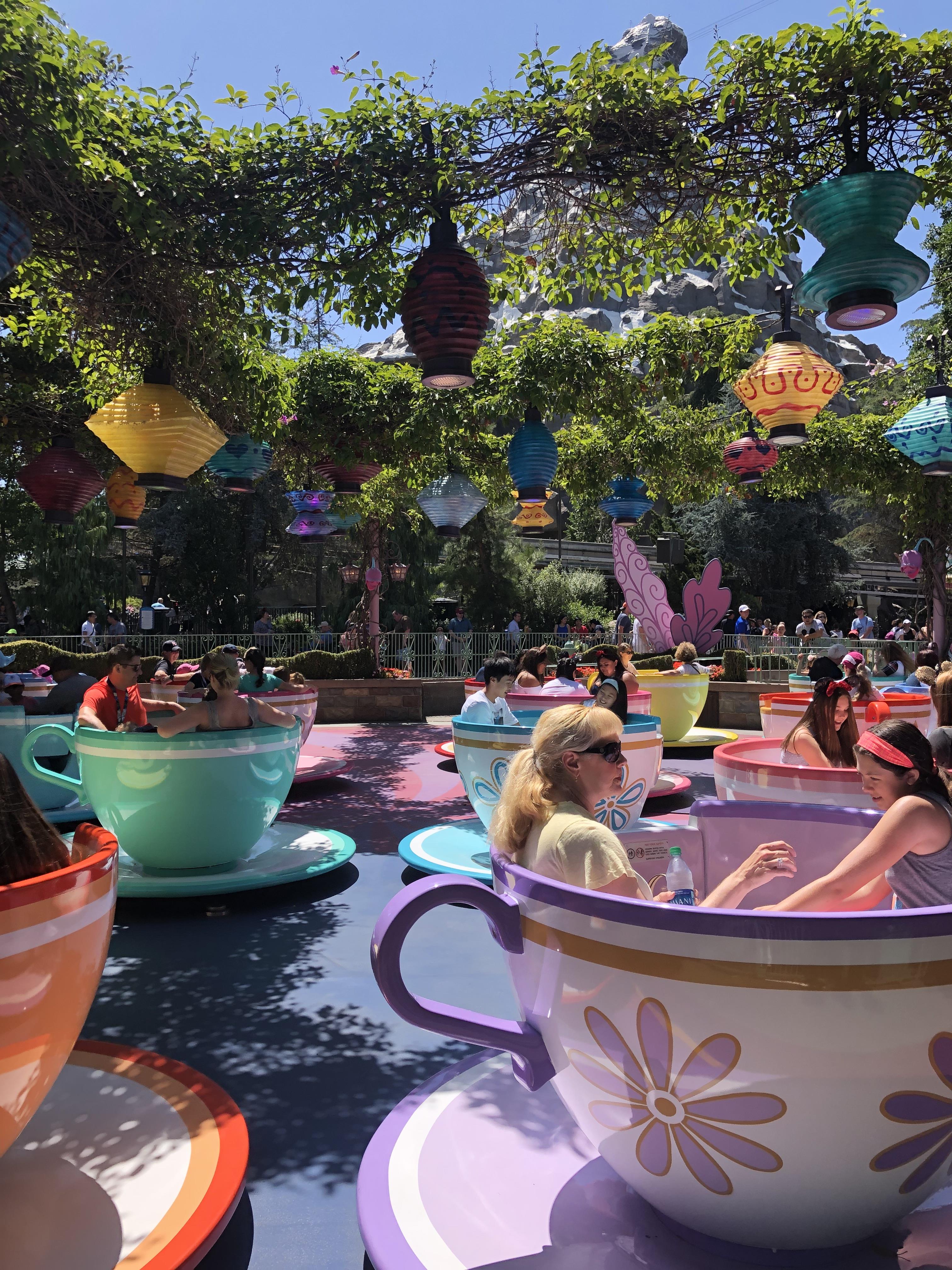 A view of the teacup ride at Disneyland, with multiple people riding giant, colorful teacups underneath vines with hanging, colorful lanterns. 