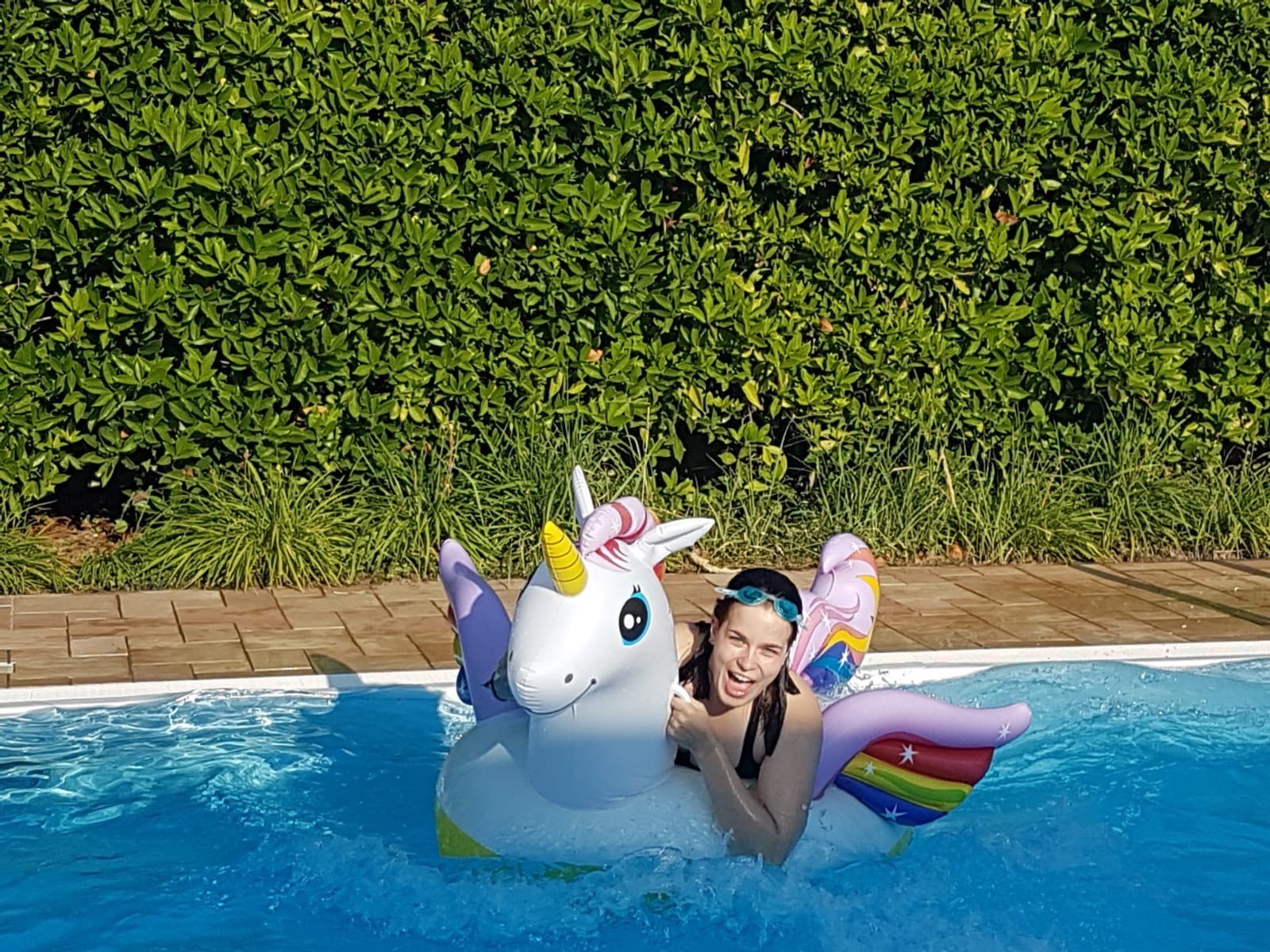 The author, a young woman, swims in a pool on a giant inflated winged unicorn floaty.